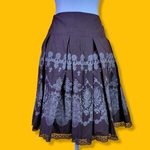 Brown Floral Pleated Midi Skirt with Lace Trim Grunge Fairy, 6P